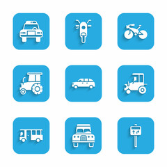 Set Hatchback car, Car, Road traffic signpost, Tractor, Bus, Bicycle and Police and flasher icon. Vector
