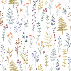 Beautiful floral seamless pattern with cute watercolor hand drawn wild flowers. Stock illustration.