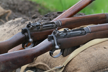 British second world war SMLE Lee Enfield rifles and other weapons.