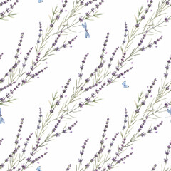 Beautiful vector seamless floral provence pattern with watercolor hand drawn gentle lavander flowers. Stock illustration. - obrazy, fototapety, plakaty