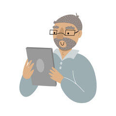 Happy old man is looking at the tablets screen, surfing on internet and reading news, doodle vector illustration
