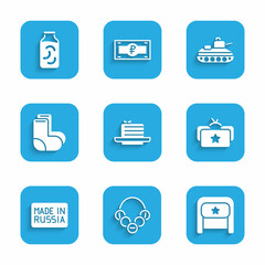 Set Medovik, Russian bagels, Ushanka, Made in, Valenki, Military tank and Pickled cucumbers jar icon. Vector