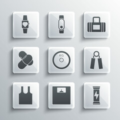 Set Bathroom scales, Sports nutrition, expander, Weight plate, Sleeveless T-shirt, Smartwatch and bag icon. Vector