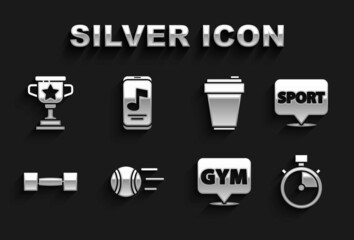 Set Tennis ball, Location gym, Stopwatch, Dumbbell, Fitness shaker, Award cup and Music player icon. Vector