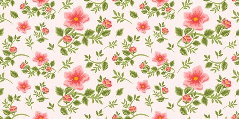 Vintage floral seamless pattern of red peony bouquet, flower buds and leaf branch arrangements