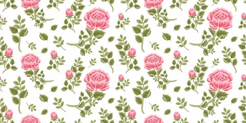 Vintage floral seamless pattern of pink rose bouquet, flower buds and leaf branch arrangements
