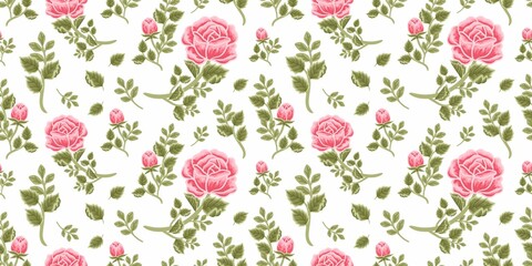 Vintage floral seamless pattern of pink rose bouquet, flower buds and leaf branch arrangements