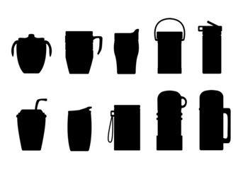 Silouette set of thermos, mug, drinker, cup with lid, straw, paper cup. Vector isolated illustration, white background.