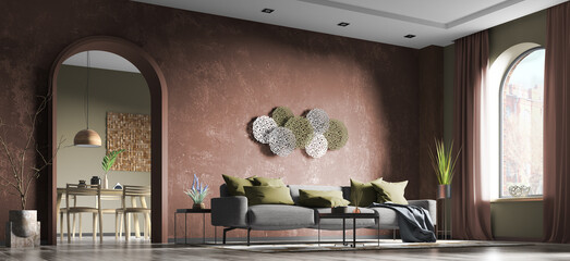 Modern interior of living room with gray sofa, flat with red concrete stucco wall and arch door, home design 3d rendering