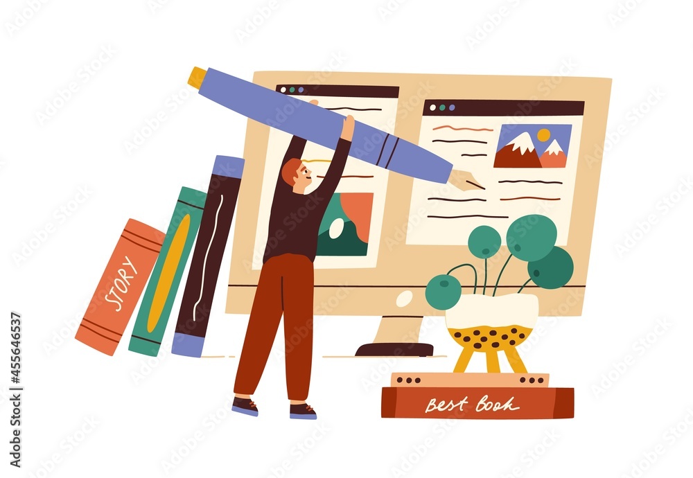 Poster Blogger creating new post at computer. Content manager working with texts for social network. Copywriter writing for online blog. Flat vector illustration of creator isolated on white background
