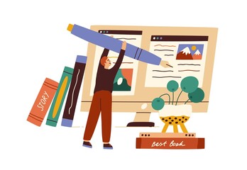 Blogger creating new post at computer. Content manager working with texts for social network. Copywriter writing for online blog. Flat vector illustration of creator isolated on white background
