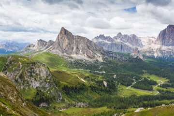 Beautiful Dolomites panorama. Hiking trail starts from Passo Giau. Italy