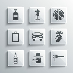 Set Pinocchio, Pasta spaghetti, Roman army helmet, Car, Bottle of olive oil, Picture, Perfume and Pizza icon. Vector