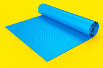 Blue yoga mat or lightweight foam camping bed roll pad isolated on yellow.