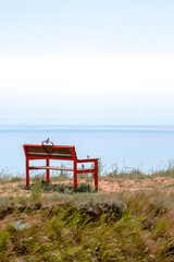 Red bench on the sea coast