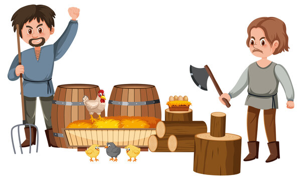farmers with chickens and axe in farm setting clip art preview