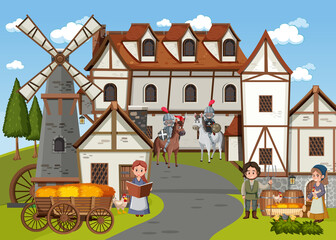 Medieval town scene with villagers