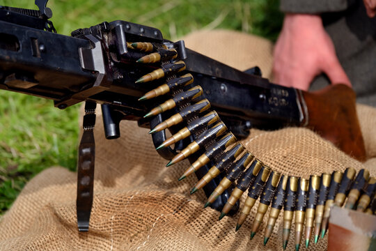 Belt of machine gun cartridges from world war two weapons.