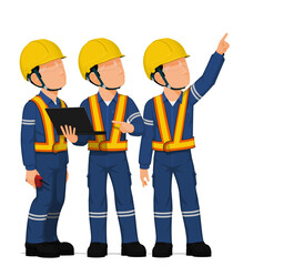 Three workers are looking at high