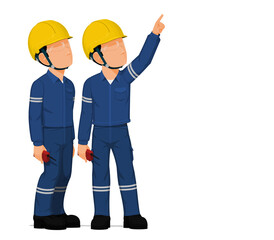 Two workers are looking at high