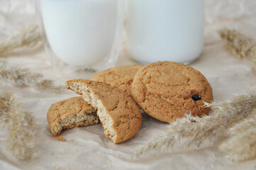 oatmeal cookies and oats on a brown background
