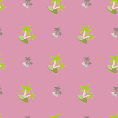 Obraz na płótnie Canvas Grey and green colored island and palm print seamless pattern. Lilac background. Doodle abstract shapes.