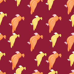 Tropic seamless pattern with orange and yellow parrots silhouttes. Maroon background. Hand drawn print.