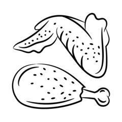 Chicken thighs and wings with hand drawn outline vector illustration