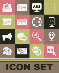 Set Advertising, Target sport, Browser window, Board with graph chart, Mail and e-mail and SEO optimization icon. Vector