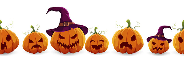 Concept of Halloween seamless banner with pumpkins. Orange  pumpkins on white background. Halloween pumpkin and smiling scary faces with creepy teeth vector illustration. Vector illustration.  