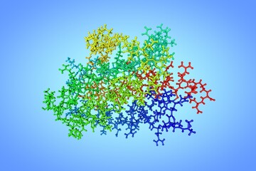 Molecular model of human erythropoietin, protein that stimulates the production of red blood cells. Rendering based on protein data bank. Rainbow coloring from N to C. 3d illustration