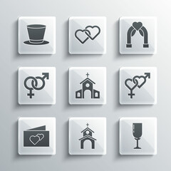 Set Church building, Glass of champagne, Gender, Greeting card, Cylinder hat and Wedding arch icon. Vector