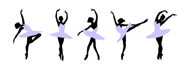 A set of silhouettes of a ballet dancer dancing in various poses and positions © Karina
