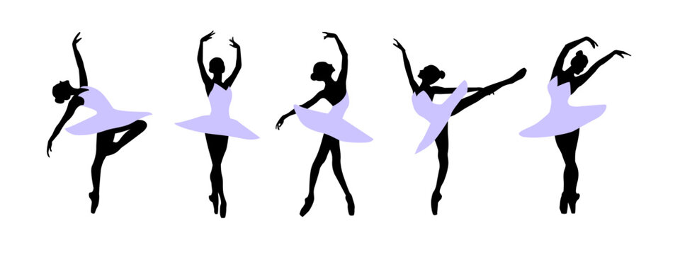 A set of silhouettes of a ballet dancer dancing in various poses and positions