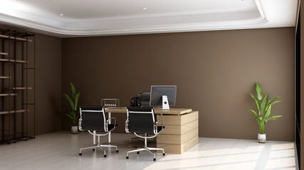 modern business office manager room with 3d design interior for company wall logo mockup