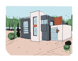 Modern house exterior. Sketch of suburban home from glass and concrete. Outside of residential modular building with garage, windows. Contemporary rural architecture. Hand-drawn vector illustration