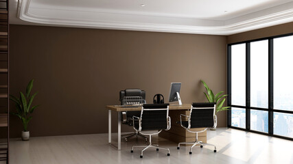 modern business office manager room with 3d design interior for company wall logo mockup