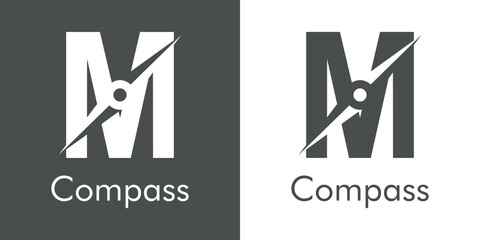 Logotipo con texto Compass con letra inicial M con forma de brújula en fondo gris y fondo blanco