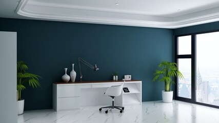 office work from home desk setup in 3d render design interior