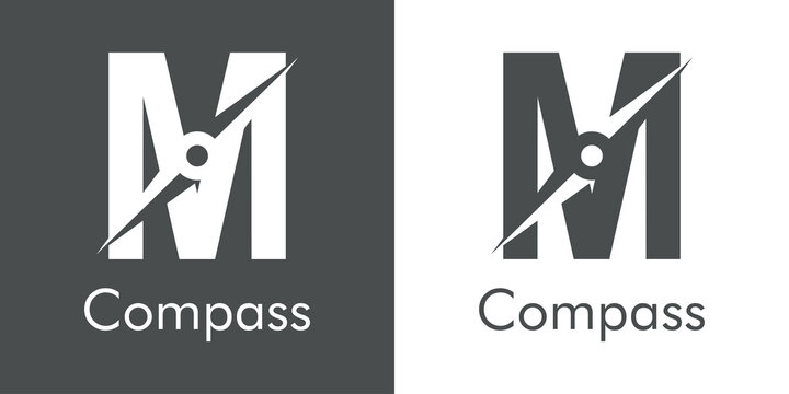 Logotipo con texto Compass con letra inicial M con forma de br&uacute;jula en fondo gris y fondo blanco