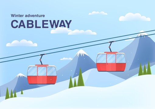Cable car in mountains. Cableway cabins lifting over winter background. Ski resort landscape with rope way, funiculars, snow and Alps. Alpine ropeway. Flat vector illustration of cablecar booths