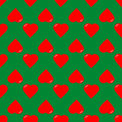 Seamless pattern of staggered red hearts on a green background.