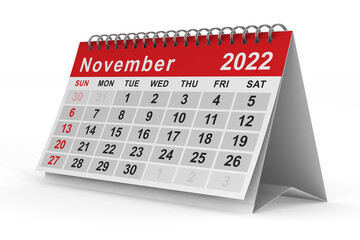 2022 year. Calendar for November. Isolated 3D illustration