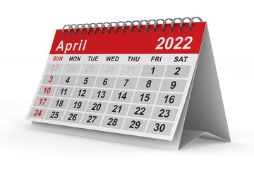 2022 year. Calendar for April. Isolated 3D illustration