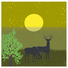 The full moon, couple deer grazing , illustration