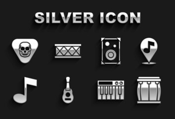 Set Guitar, Location musical note, Drum, Music synthesizer, tone, Stereo speaker, pick and icon. Vector