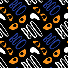 Cute and scary typographic Halloween seamless pattern. Vector flat hand drawn illustration