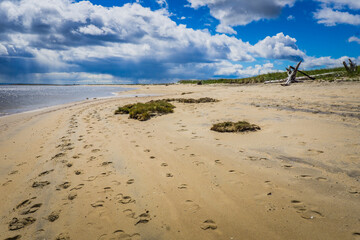 The beautiful sandy beach of the Portneuf sur Mer sandbank in Cote Nord of Quebec, Canada
