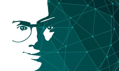 Silhouette of a female head and science futuristic background.