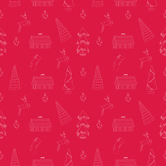 Hand drawn christmas tree. Christmas seamless pattern. Retro vintage style. Christmas pattern on red background.